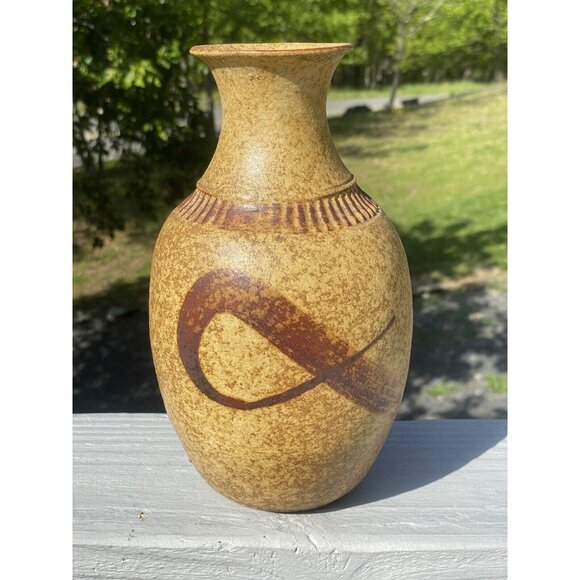 9-1/4" Vintage Brown Glazed Pottery Vase Home Accent Decor Beige Ceramic Retro - Picture 10 of 12